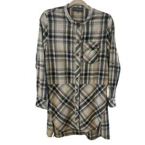 Michael Stars Womens Button Up Plaid Shirt Dress XS Roll Tab Sleeve Gray Black
